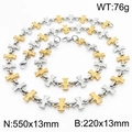 Tweekleurige zilveren en gouden roestvrijstalen kruis ketting en armband sieradenset - Tweekleurige Goud Set (KS217377-JG)