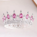 Detailed macro view of silver bridal tiara with pink teardrop gems and clear rhinestones - Thick Silver Plated + Dark Pink