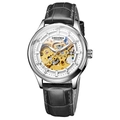 Mechanical men's watch featuring a skeleton gold movement and black leather strap - Black Leather Strap Silver Case White Dial