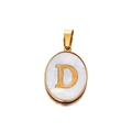 Macro view of 22mm gold stainless steel oval pendant with pearl shell letter D inlay - Gold Letter D