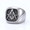 Macro detail of vintage Masonic ring with G logo and retro black textured finish - US 7 / Steel Color Square Logo Style (04403)