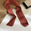 Dettaglio di una collana foulard in seta a pois rosso-marrone su un cappotto di lana cammello - Collana a Sciarpa / Rosso a pois