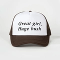 Brown and white mesh trucker hat with Great Girl text print and curved brim style - Coffee