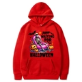 Red Halloween hoodie with skull and pumpkin print and kangaroo pocket on white background - Red