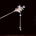 Klassischer goldener Haarstab mit rosa Schmetterling, Blumen und langen Quasten - Rosa Schmetterling Lila Blume Künstliche Perle Quaste Stil (0438)