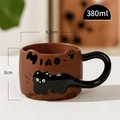 380ml ceramic black cat mug in brown with black handle and embossed MIAO text - Brown