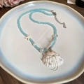 Collar artesanal de cuentas azul claro con dijes de estrella de mar y concha marina - Collar de Perlas y Estrella de Mar de Cristal Azul y Blanco (6#项链-蓝色-白色-水晶海星珍珠)