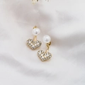 Elegant gold heart earrings with white pearls and small crystals on white silk - E4640 Gold Heart Pearl Rhinestone