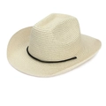 Detail of beige straw cowboy hat with black braided rope and textured woven pattern - Beige