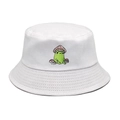 Close-up of cute frog and mushroom embroidery on a white cotton bucket hat - M(56-58cm) / White