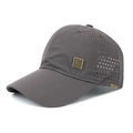 Detailed view of dark grey baseball cap featuring laser-cut ventilation and metal logo badge - Adjustable / Dark Gray