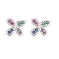 Silver bow butterfly stud earrings with colorful crystal stones on white background - Platinum Multi Zirconia