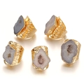 Set of 5 bohemian natural druzy agate rings with gold plated hammered metal bands - Adjustable Open / White