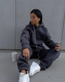Detail of dark charcoal oversized hoodie and matching joggers in soft cotton fleece - S / Dark Gray