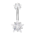 Silver stainless steel belly ring featuring two sparkling star-shaped zircon stones - White Zirconia