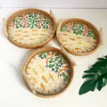 Handwoven rattan round tray with fish pattern mosaic base and dual wooden handles - Undersea World / Three-Piece Set