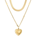 Detail view of double-layer gold necklace with heart pendant and herringbone chain - Gold Color 0824