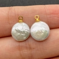 Ciondolo tondo piatto in perla d'acqua dolce bianca con gancio in oro 18K per collane DIY - Rotondo 11x15mm