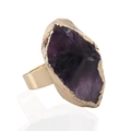 Irregular deep purple raw stone ring with gold metallic finish in a vintage style - Adjustable Open / Gold Natural Amethyst Raw