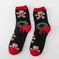 Thick coral fleece Christmas socks featuring gingerbread man and wreath patterns in black and red - One Size / Khaki Gingerbread Man