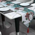 Christmas snowman embroidered table runner with red tassels on white marble table - White & Blue Snowman Style