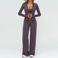 Three-piece deep purple brushed yoga set with sports vest, jacket and wide-leg pants - S / Top And Bottom / 3-Piece Set (Jacket + Vest + Wide Leg Pants) / Eggplant Purple