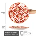 10.6-inch ceramic steak plate with bright orange floral pattern and size measurements - Xijiangyue - Daisy Red Large Plate 10.6 Inch (Minor Flaws)