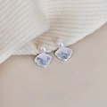 Close-up of silver shell earrings with white pearl and crystal fan pendant detail - 1# Pearl Blue Fan Shaped Studs
