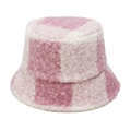 Close-up of pink and white checkered teddy fleece bucket hat for winter warmth - M (56-58cm) / Pink and White Plaid Style (C)