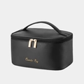 Large capacity black PU leather cosmetic bag with double gold zippers and top handle - Bamboo Black