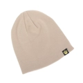 Detalle del gorro de punto beige con textura fina y bordado de corona dorada - Talla única / Blanco Roto