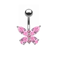 Detail of silver butterfly belly ring with sparkling pink gemstones on a white background - Silver Pink Butterfly