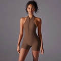Deep brown halter neck yoga bodysuit with front zipper and slim fit athletic silhouette - S / Chestnut Brown