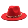 Close-up of vibrant red wool felt fedora hat featuring a bold gold acrylic chain link - Red / M (56-58cm)