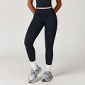 High-waisted black yoga leggings with white contrast trim on the waistband for fitness - S / Premium Black
