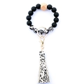 Detail showing silicone beads with leopard print tassel and wooden bead keychain ring - Style 22 (Black White Leopard Tassel)
