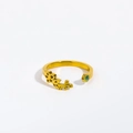 Gold stainless steel open ring with floral pattern and round green zircon stone - Adjustable Open / May/Lily of the Valley