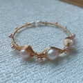 Handcrafted pink freshwater pearl wire-wrapped bracelet with elegant gold wire finish - Rice Pearl (Open Design) / Style Two (Gold Wire Pink White Pearl Bangle)
