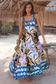 Detail of tropical floral print maxi dress featuring blue scalloped trim and flowy hem - Purple Black Large Floral