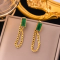Vintage gold chain earrings with emerald green zircon gemstones in a luxury display - EHG104 Rectangular Emerald Drop Earrings Gold