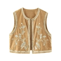 Camel velvet vest with floral embroidery and silver sequins in a minimalist layout - XS / Earthy Yellow