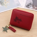 Red PU leather mini zipper wallet featuring bamboo leaf print and tassel star charm - Red