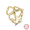 Detail of 925 sterling silver ring with 14k gold plated flower design and hollow metal curves - Adjustable Open / Hollow Flower Style (GAR07) / 14K Gold