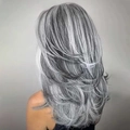 Middle-parted wavy long hair wig with silver grey gradient highlights on model back view - Silver Grey Ombre