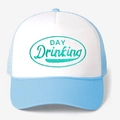 Blue and white trucker hat with green Day Drinking embroidery and breathable mesh back - One Size / Sky Blue