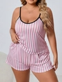 Detail von rosa-weiß gestreiftem Camisole-Top mit schwarzer Paspelierung und lockeren Shorts - S / Rosa