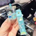 Blue milk tea cup unicorn keychain with liquid sand and rainbow silicone strap - Blue-New Milk Tea Cup Unicorn