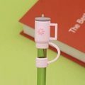 Pink flower cup shape silicone straw cap for 8-10mm straws with green transparent body - Light Pink Cup / 10mm