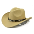Classic light brown wool felt cowboy hat with wide brim and studded black leather band - M(56-58cm) / Camel (Silver Concho Band)