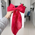 Large red satin bow hair clip with long ribbons, elegant Korean style hair accessory - Red